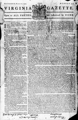 Front Page of Virginia Gazette, March 26, 1772